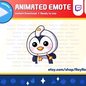 Op de afbeelding: Geanimeerde emote van een pinguïn die een witte, eivormige hoed draagt met een blauwe snavel en voeten. De pinguïn zwaait met zijn rechtervleugel. De achtergrond is wit met de tekst "RoyRoyArt" die in een patroon wordt herhaald.