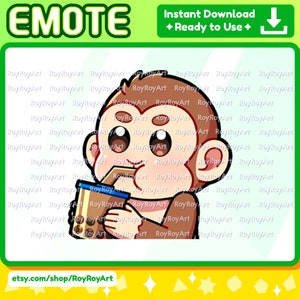 Twitch Emote - Cute Monkey Sipping boba / Sub Emoji Discord Kick