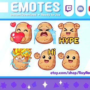 Twitch Emotes - Cute Potato Emotes pack 1 / Love, Crying, Hype, Saiyan Angry, Hi Hello / Sub Emoji