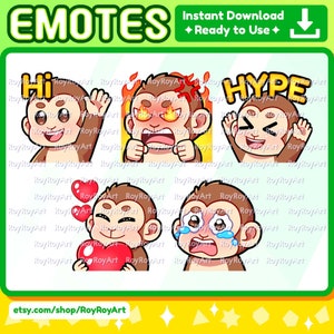 Twitch Emotes - Cute Monkey pack 1 / hi, angry, hype, love, crying / Sub Emoji Discord