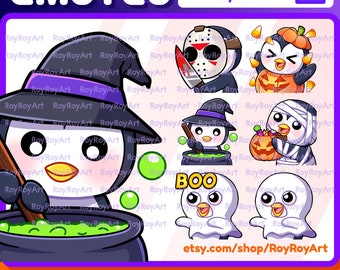 Halloween Twitch Emotes - Cute Penguin emotes / Knife, Witch, Candy Trick or Treat, Pumpkin Hype, BOO / Sub Emoji kick