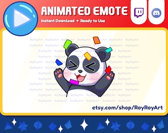 May include: Animated emote of a black and white panda bear wearing a pink bow tie and winking. The panda is surrounded by colorful confetti and is waving with its right paw.