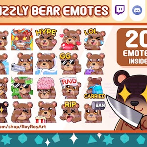 Puede incluir: Un gráfico de arte digital con 20 emotes de oso pardo con varias expresiones y poses. Los emotes incluyen texto como "Hi", "Hype" y "LOL". La imagen tiene un esquema de color marrón y naranja, con el texto "GRIZZLY BEAR EMOTES" en la parte superior.