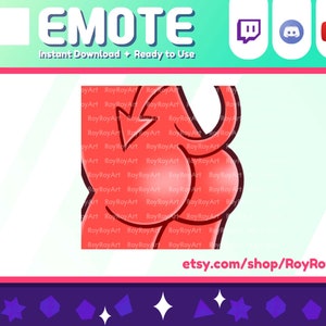 May include: Red cartoon devil tail with a red arrow pointing to the left. The image is for an emote for Twitch, Discord, and YouTube.