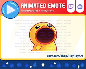 May include: Animated emote of a yellow cartoon bird with a large open mouth, a red interior, and black eyes. The emote is set against a white background with the text "RoyRoyArt" repeated in purple.