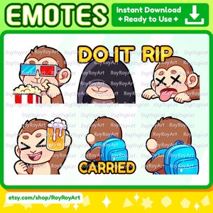 Twitch Emotes - Cute Monkey pack 2 / popcorn, do it, rip dead, beer, carried carry / Sub Emoji Discord Kick