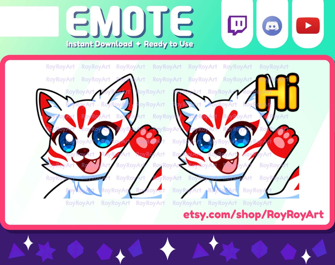Twitch Emote Kitsune White Fox Hi / Hello / Waving / Greeting Sub Emoji Etsy