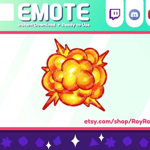 May include: A cartoon explosion emote with a yellow and orange color scheme. The explosion is surrounded by lightning bolts. The text "etsy.com/shop/RoyRoyArt" is at the bottom of the image.