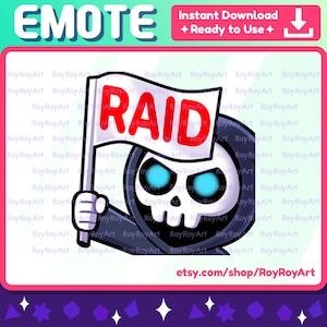May include: A cartoon skeleton wearing a black hooded robe holds a white sign with the word "RAID" in red letters. The skeleton has blue eyes and a menacing expression.