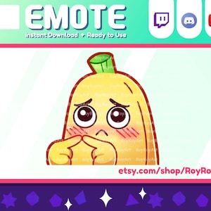 Könnte beinhalten: Eine gelbe Banane mit einem grünen Stiel und einem niedlichen Comic-Gesicht. Die Banane errötet und hat die Hände vor dem Mund. Der Text "etsy.com/shop/RoyRoyArt" befindet sich am unteren Rand des Bildes.