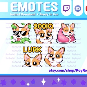 Twitch Emotes - Leuke Corgi emotes pack 4 / Geld, 200IQ, Gezellig, Op de Loer, Salute / Sub Emoji