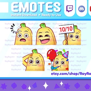 Twitch Emotes - Cute Banana Pack 10 / Loading, Kekw, 10/10 perfect, salute, birthday party / Sub Emoji