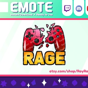 May include: A broken red and black video game controller with the word "RAGE" in yellow letters. The text "etsy.com/shop/RoyRoyArt" is at the bottom of the image.