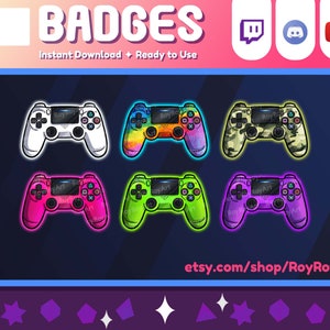 以下が含まれることがあります： Twitch、Discord、YouTube 用の、6 種類の異なる色の PlayStation コントローラー バッジ。コントローラーは、白、虹色、迷彩、ピンク、緑、紫です。
