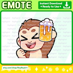 May include: A cartoon monkey wearing a brown shirt and glasses is smiling and holding a glass of beer with a purple foam top. The monkey is looking at the beer and has a happy expression on its face. The background is a light blue color with the text "EMOTE" at the top.