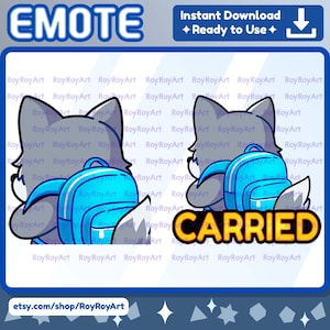May include: A gray wolf cartoon character with a blue backpack, carrying a backpack on its back. The text "CARRIED" is in yellow letters on a black background.