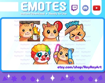 May include: Set of four animated cat emotes for Twitch and YouTube. The emotes feature a cat with a party hat, a cat with a clown nose, a cat with a baseball bat, and a cat with a glow stick. The emotes are in a cartoon style and have a bright color palette.