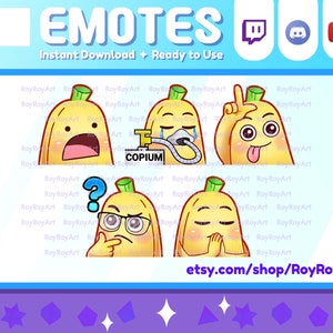 Twitch Emotes - Cute Banana Pack 9 / Gasp, Copium, Take the L, think Question, Praying / Sub Emoji