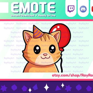 Peut inclure: Un chat orange de dessin animé avec un chapeau de fête et un ballon rouge. Le chat a de grands yeux et une expression mignonne. L'arrière-plan est rose avec une bordure blanche.