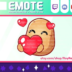 May include: A brown cartoon potato with a happy expression is holding a large red heart in its arms. Two smaller red hearts are floating above the potato's head. The text "etsy.com/shop/RoyRoyArt" is at the bottom of the image.