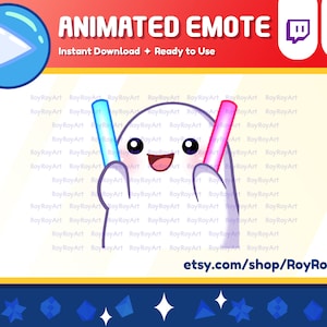 May include: Animated emote graphic featuring a smiling, ghost-like character holding blue and pink light sabers. The image includes the text "ANIMATED EMOTE" and "Instant Download + Ready to Use". The Etsy shop URL is also visible.