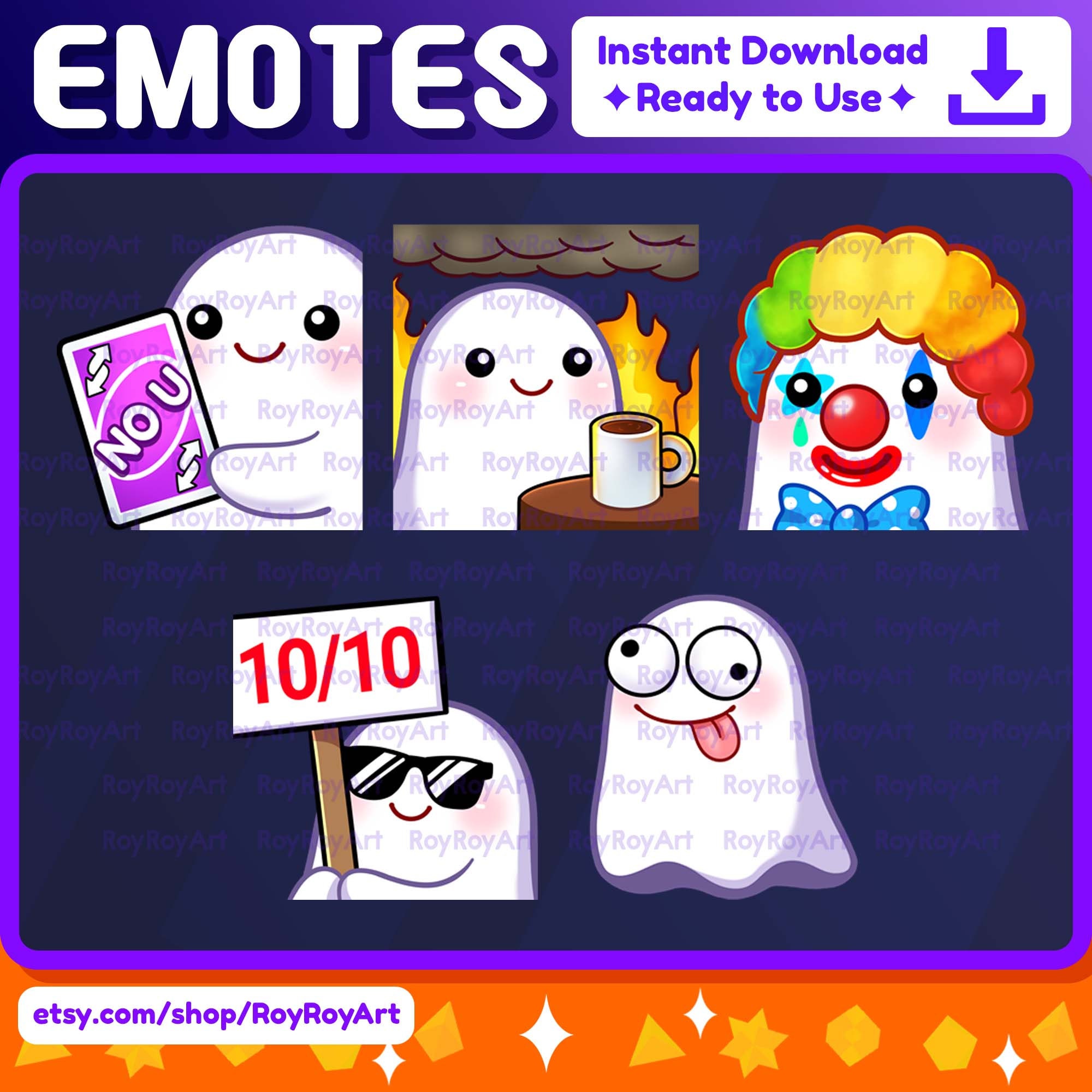 Twitch Emotes Halloween - Kawaii Ghost Emotes Pack 7 / No U card, This is Fine, Clown, 10/10 sign, Derp Dumb / Sub Emoji Kick Discord