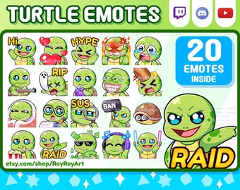 以下が含まれることがあります： TwitchとDiscord用の20個のアニメーション化されたカメの絵文字のセット。絵文字は、「こんにちは」、「ハイプ」、「リップ」、「サス」、「バン」、「レイド」など、さまざまな表情をしています。