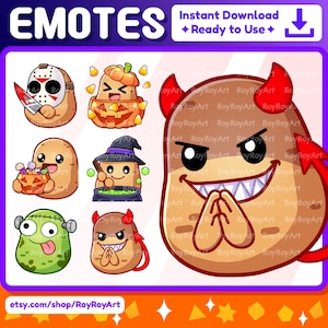 Puede incluir: Conjunto de seis emoticonos de patata con temática de Halloween con diferentes expresiones. Los emoticonos incluyen una patata con una máscara de hockey, una calabaza, un sombrero de bruja, un monstruo, cuernos de diablo y un diablo con una sonrisa traviesa. Los emoticonos están en un estilo de dibujos animados y tienen una combinación de colores marrón, naranja, verde y rojo.