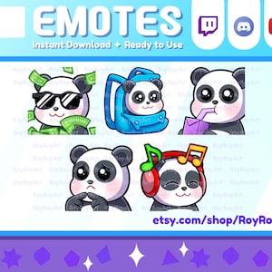 Twitch Emotes - Lindo Panda Pack 4 / Dinero, Llevar, Sorbo, Tímido, Music jam / Sub Emoji