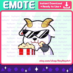 May include: A white goat wearing sunglasses and a red and white striped shirt is eating popcorn from a red and white striped bucket. The goat has gold horns and a white background. The text "EMOTE" is at the top of the image and "etsy.com/shop/RoyRoyArt" is at the bottom of the image.