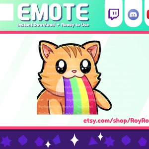 Könnte beinhalten: Eine orangefarbene Comic-Katze mit großen Augen kotzt einen Regenbogen. Die Katze schaut den Betrachter an. Der Hintergrund ist hellblau. Der Text "etsy.com/shop/RoyRoyArt" befindet sich am unteren Rand des Bildes.