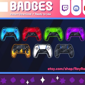 May include: Set of 8 digital badges featuring a PlayStation 5 controller in various colors, including blue, red, green, purple, yellow, white, and black. The text "BADGES" is at the top of the image, and the text "Instant Download + Ready to Use" is below. The text "etsy.com/shop/RoyRoyArt" is at the bottom of the image.
