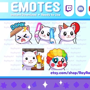 Twitch Emotes - White Cat Emotes Pack 7 / bonk, lightstick, birthday, this is fine, clown / Sub Emoji