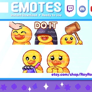 Twitch Emotes - Cute Yellow Duck Emotes Pack 6 / head Pat, Do it, Bonk hammer, taking Notes, Shy / Stream Sub Emoji