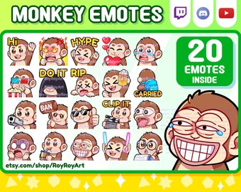 May include: A set of 20 monkey emoticons with different expressions, including "Hi", "Hype", "Do It", "Rip", "Ban", "Carried", "Clip It", and more. The emoticons are in a cartoon style and have brown fur, black eyes, and white teeth. The text "20 EMOTES INSIDE" is displayed in a green box.
