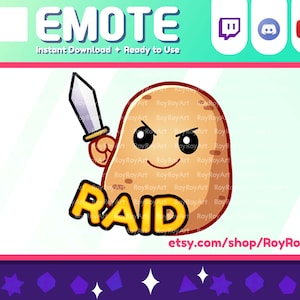 Puede incluir: Una patata de dibujos animados con una espada y una sonrisa, sosteniendo una pancarta que dice "RAID". La patata es marrón con un contorno marrón claro. La espada es plateada con una empuñadura dorada. La pancarta es amarilla con texto negro. El fondo es blanco con un borde rosa.