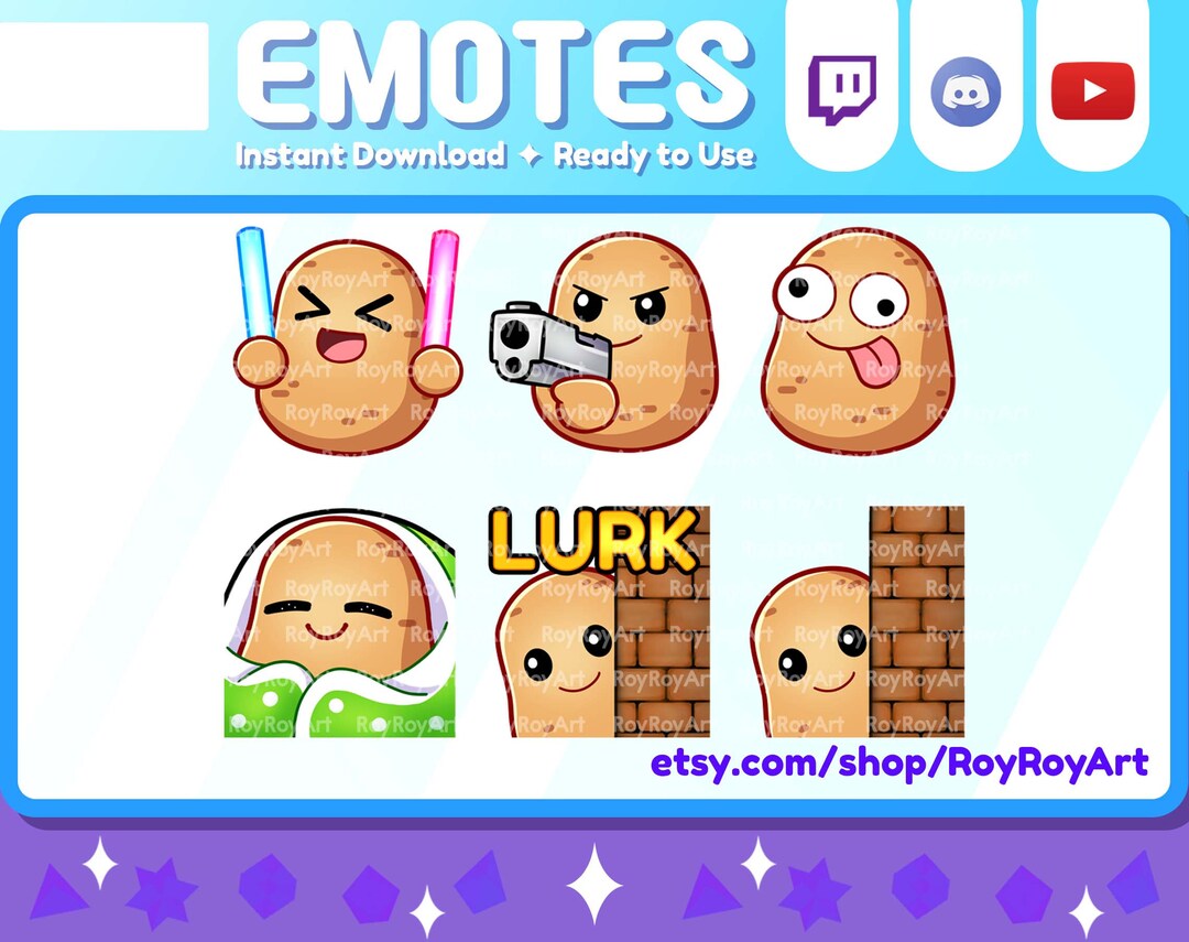 Twitch Emotes - Cute Potato Emotes Pack 3 / Rave Lightsticks, Gun, Derp ...