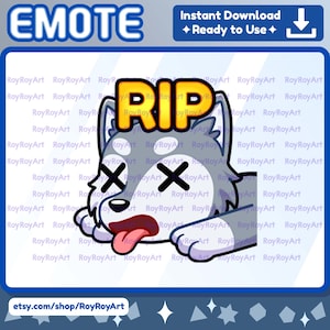 May include: A gray wolf cartoon character with a RIP sign above its head. The wolf has X's for eyes and its tongue is hanging out. The background is a blue and white pattern.