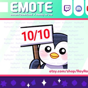 Twitch Emote - Cute Penguin holding a 10/10 sign Emote / Sub Emoji
