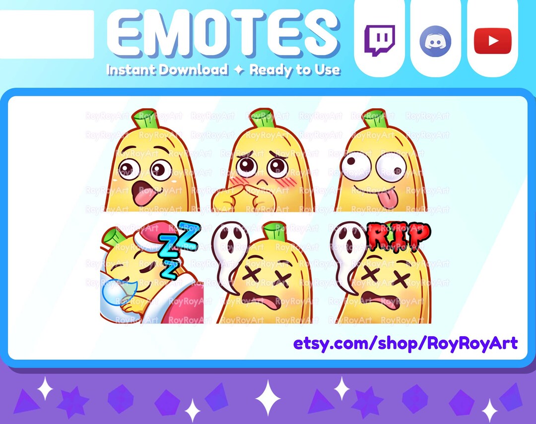 Twitch Emotes - Cute Banana Pack Emotes / POG, Shy, Derp, Sleep, RIP ...