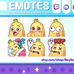 Twitch Emotes - Cute Banana Pack Emotes / POG, Shy, Derp, Sleep, RIP / Sub Emojis