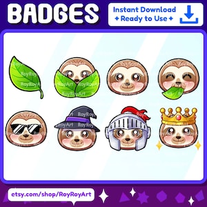 Twitch Sub Badges - Kawaii Sloth Head / Badges Kick Discord Twitch Channel Points Youtube Badges Subscriber Badges