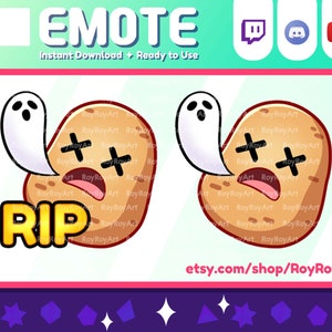 May include: Animated Twitch emote featuring a brown potato with a sad face, two X's for eyes, and a ghost hovering over it. The potato has a mouth open in a scream and the text "RIP" in yellow letters below it.