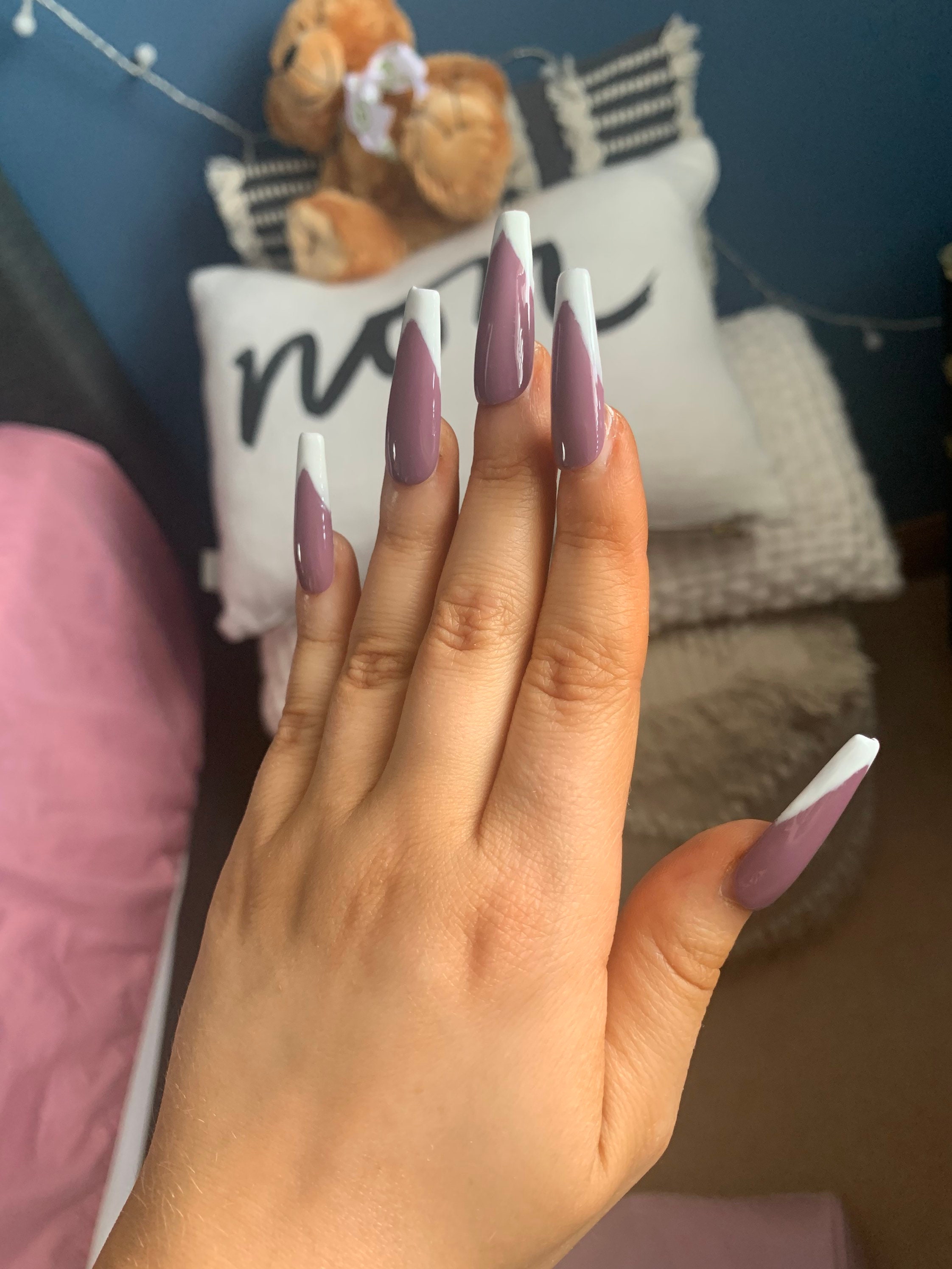 Purple V Shaped French Tip Press On Glossy Coffin Nails Etsy