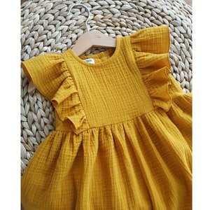 Muslin cotton dress for girl, mustard baby dress, simple boho dress, casual toddler sundress, organic cotton dress