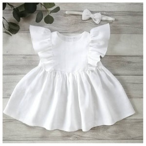 Simple flower girl dress, linen white christening dress girl, baptism dress toddler, birthday dress,baby ruffle dress vintage pinafore dress