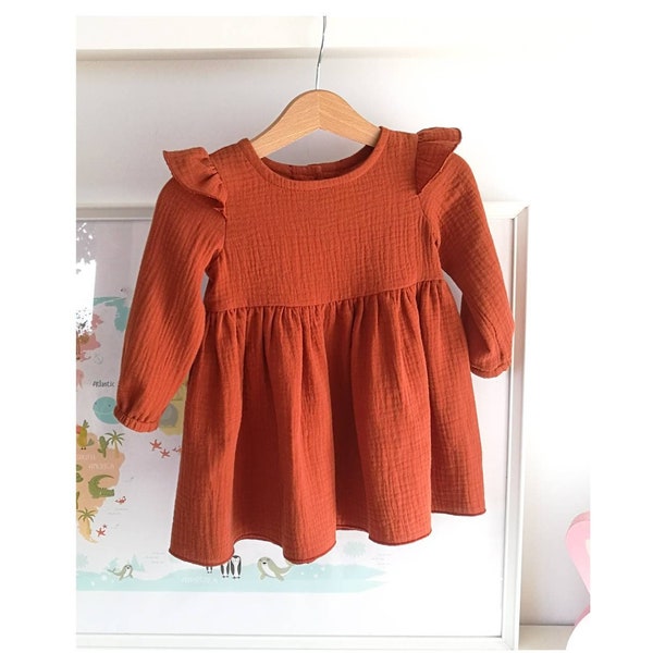 Robe de demoiselle d'honneur orange rouille, robe de Noël en double gaze à manches longues pour bébé, robe d'automne à pois scintillants pour bébé, enfant en bas âge en mousseline de coton brique