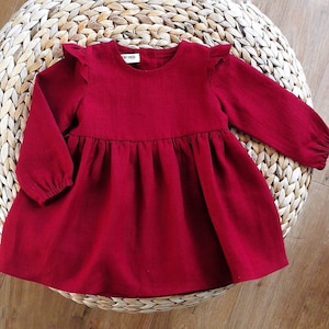 Linen red baby dress, deep red baby outfit, burgundy flower girl dress, toddler spring dress, Christmas photoshoot dress,  red linen dress