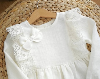 Linen baptism dress,rustic flower girl, long sleeve christening gown, baby white linen lace dress, ruffle lace linen. Blessing dress toddler