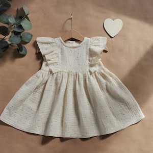 First birthday dress baby girl, christening dress, muslin cotton gauze dress, toddler rustic dress, beige dress baby girl, sparkle dress 2t